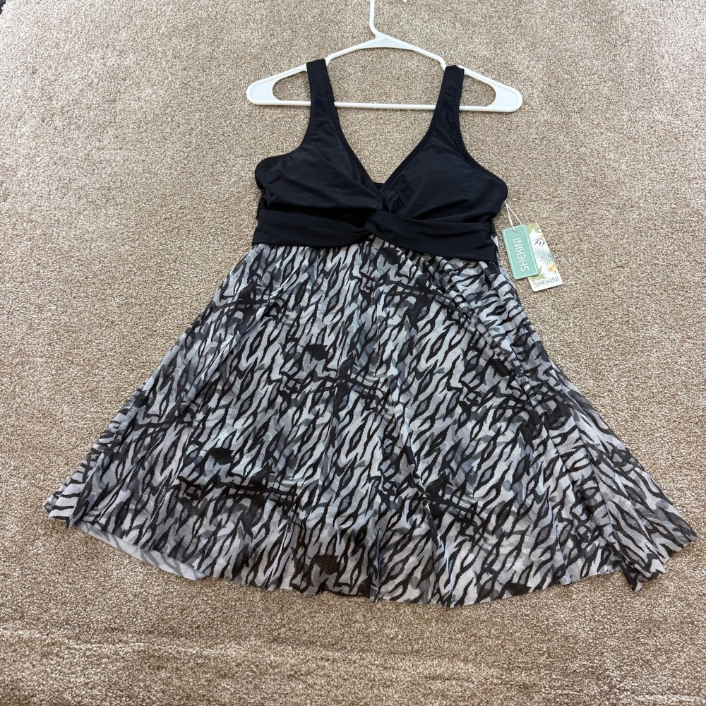 NEW SHEKINI Women Black Grey Animal Twist Front Swimdress Large Sexy Flowy Sheer